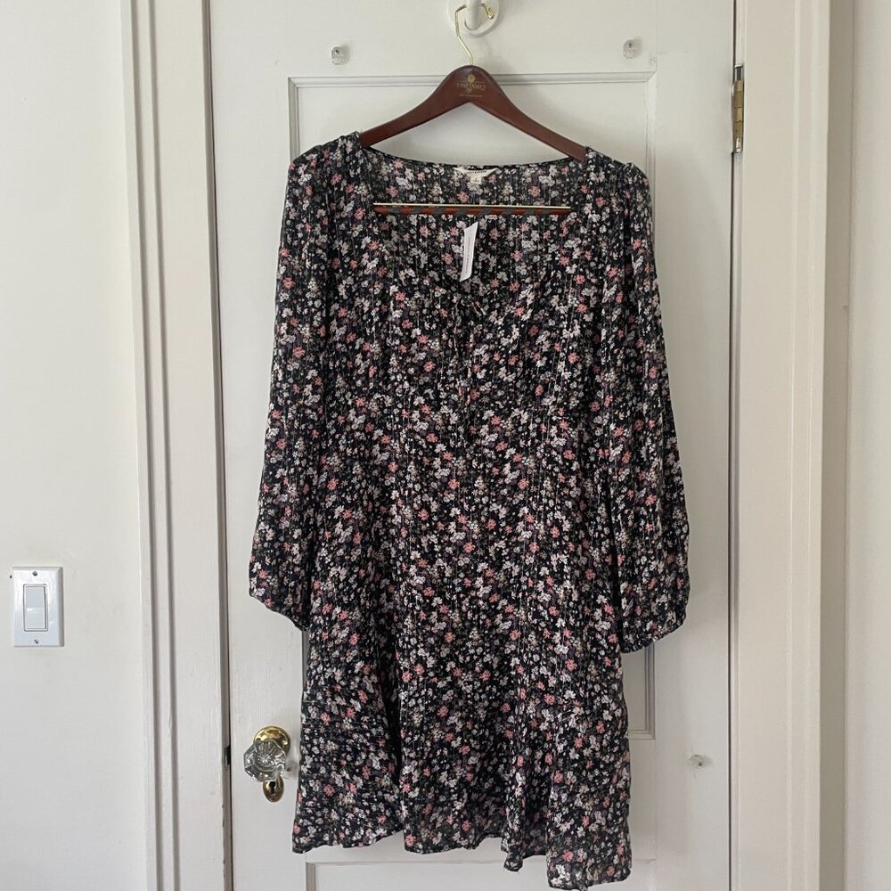 Lucky Brand Printed Flouncey Mini Dress 3/4 Sleeved Black Floral NWT Size XS & L - Picture 2 of 7